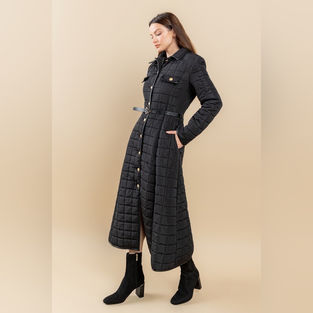 HIGH END Sara Full Length Quilted Bubble Maxi Coat Black sz L Gold buttons